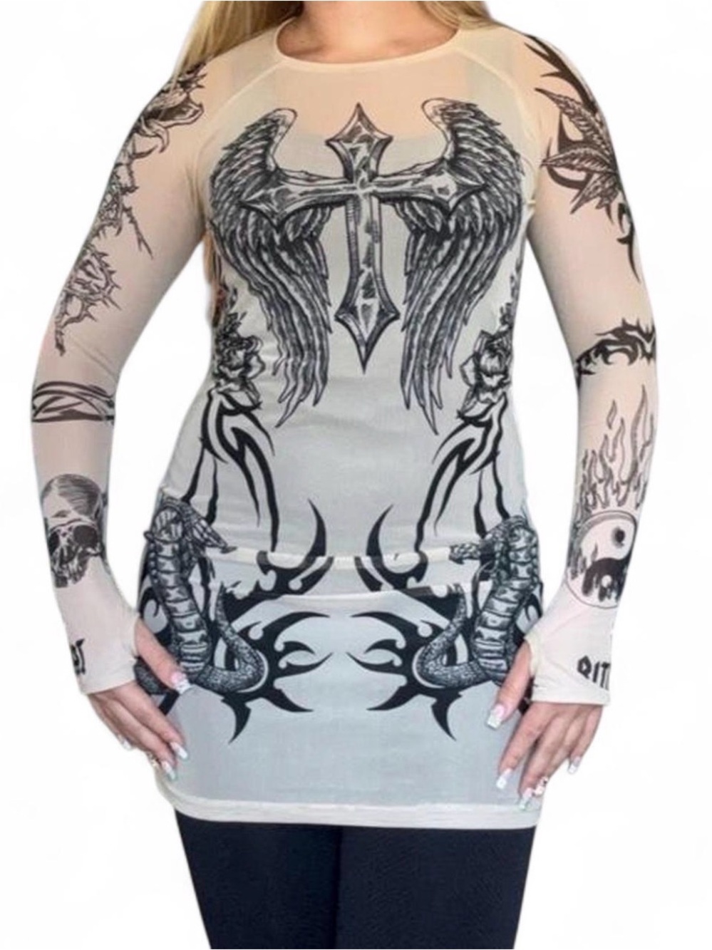 Current Mood Edgy Sheer Mesh Tattoo Print Mini Dress Size L